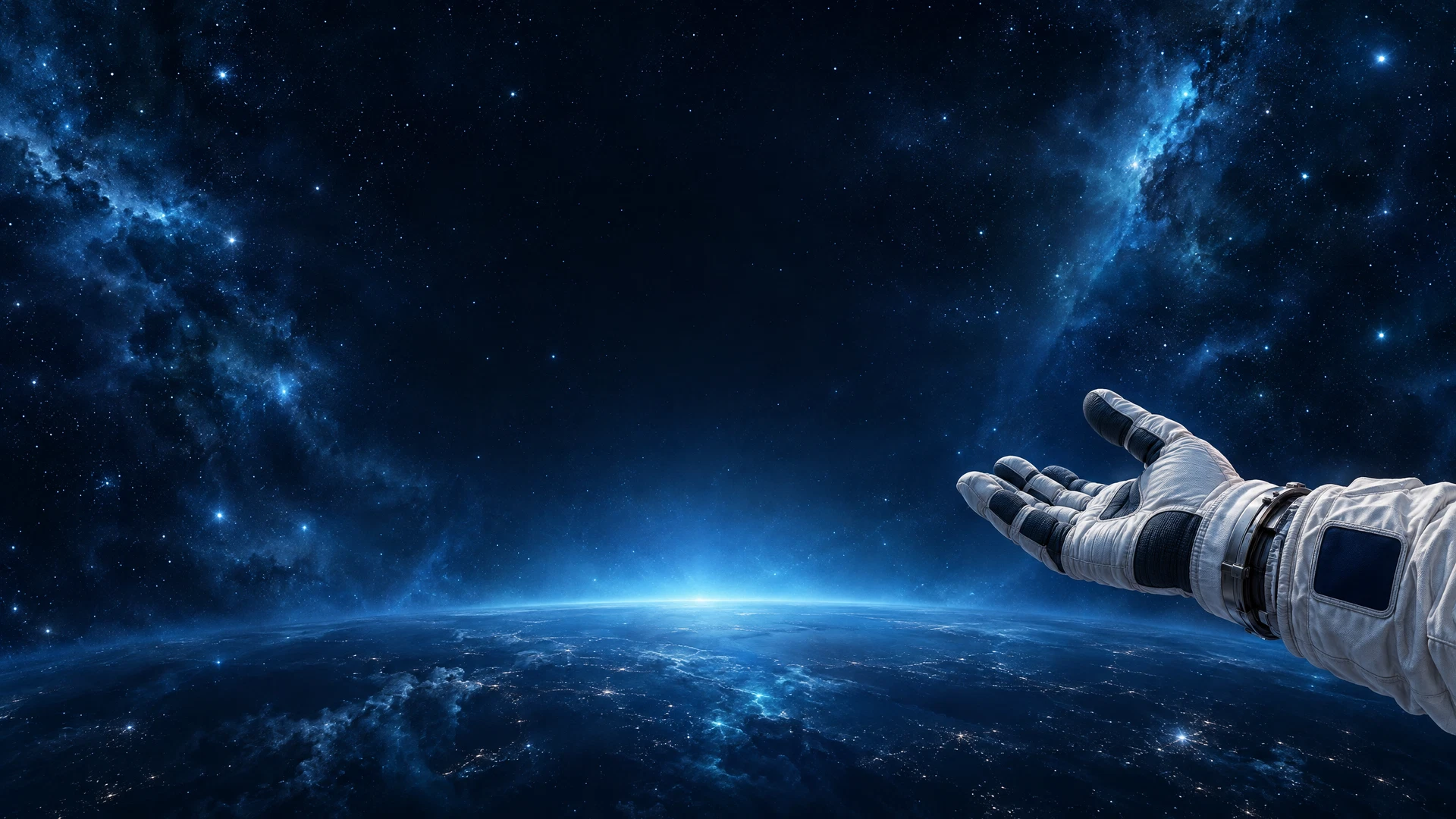 A hand reaching toward a glowing search result in space